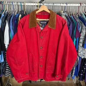 Vintage Lands' End Red Duck Canvas Barn Chore Coat with Plaid Lining